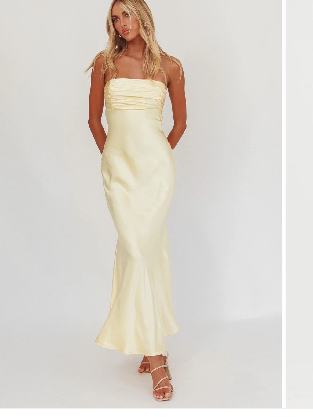 Selfie Leslie Strapless Satin Midi Dress In Pale Yellow